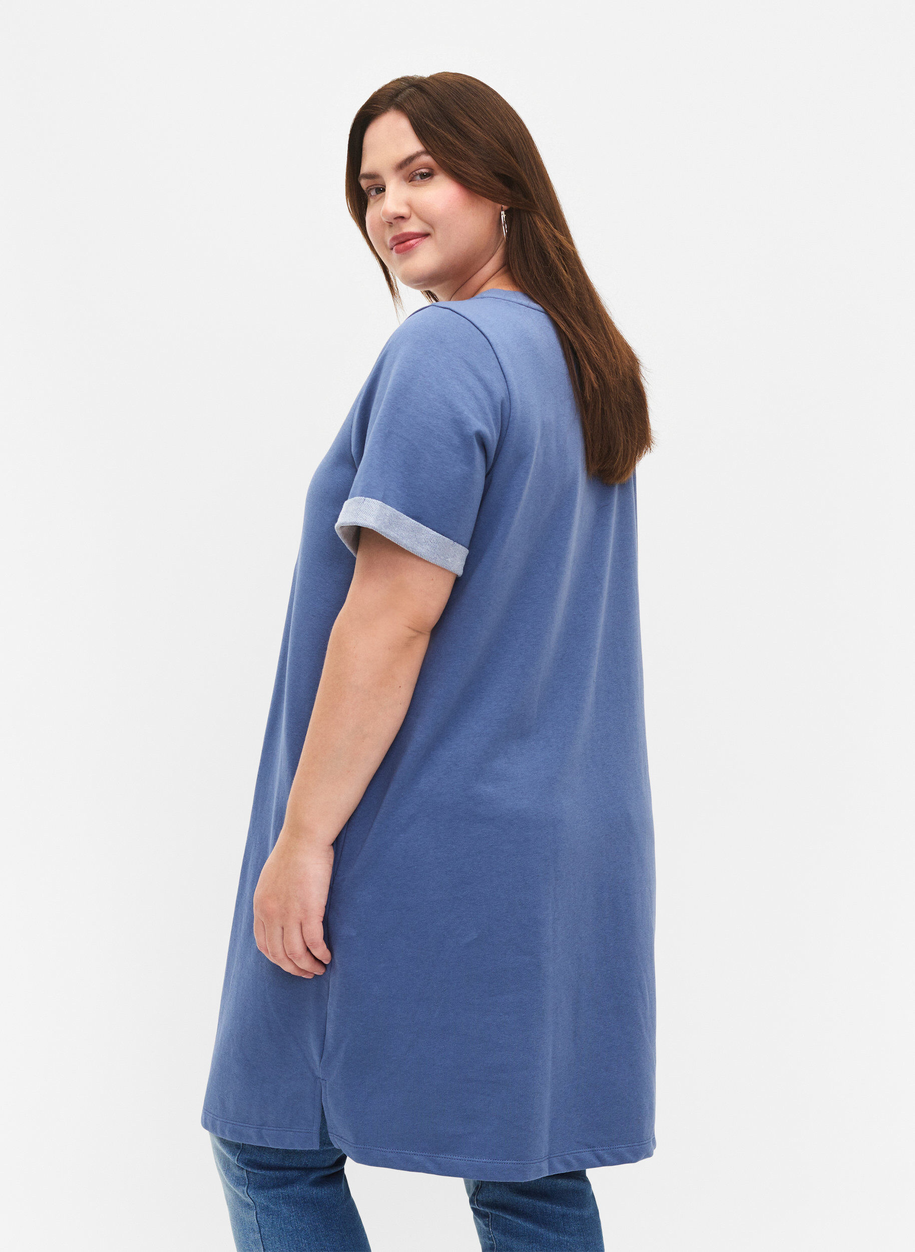 Zizzifashion Short-sleeved sweat dress with pockets, Moonlight Blue, Model image number 1