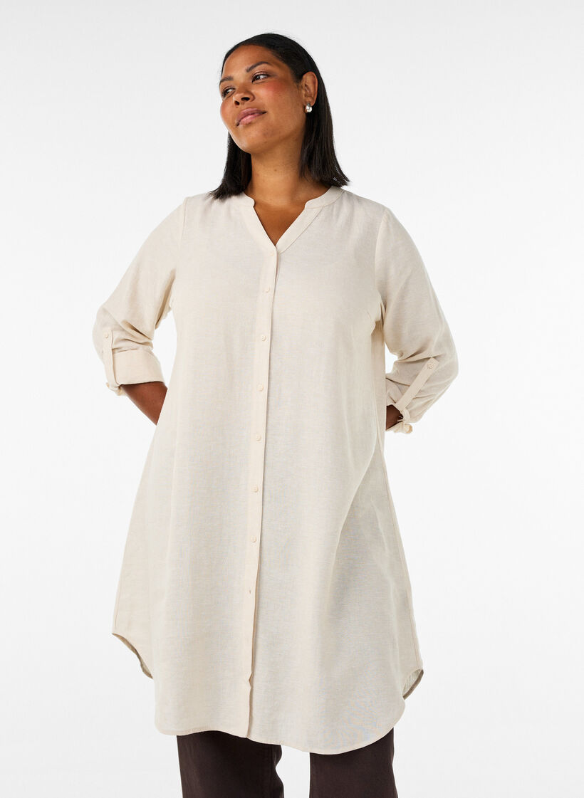 Long shirt in linen and viscose, Beige, Model image number 1