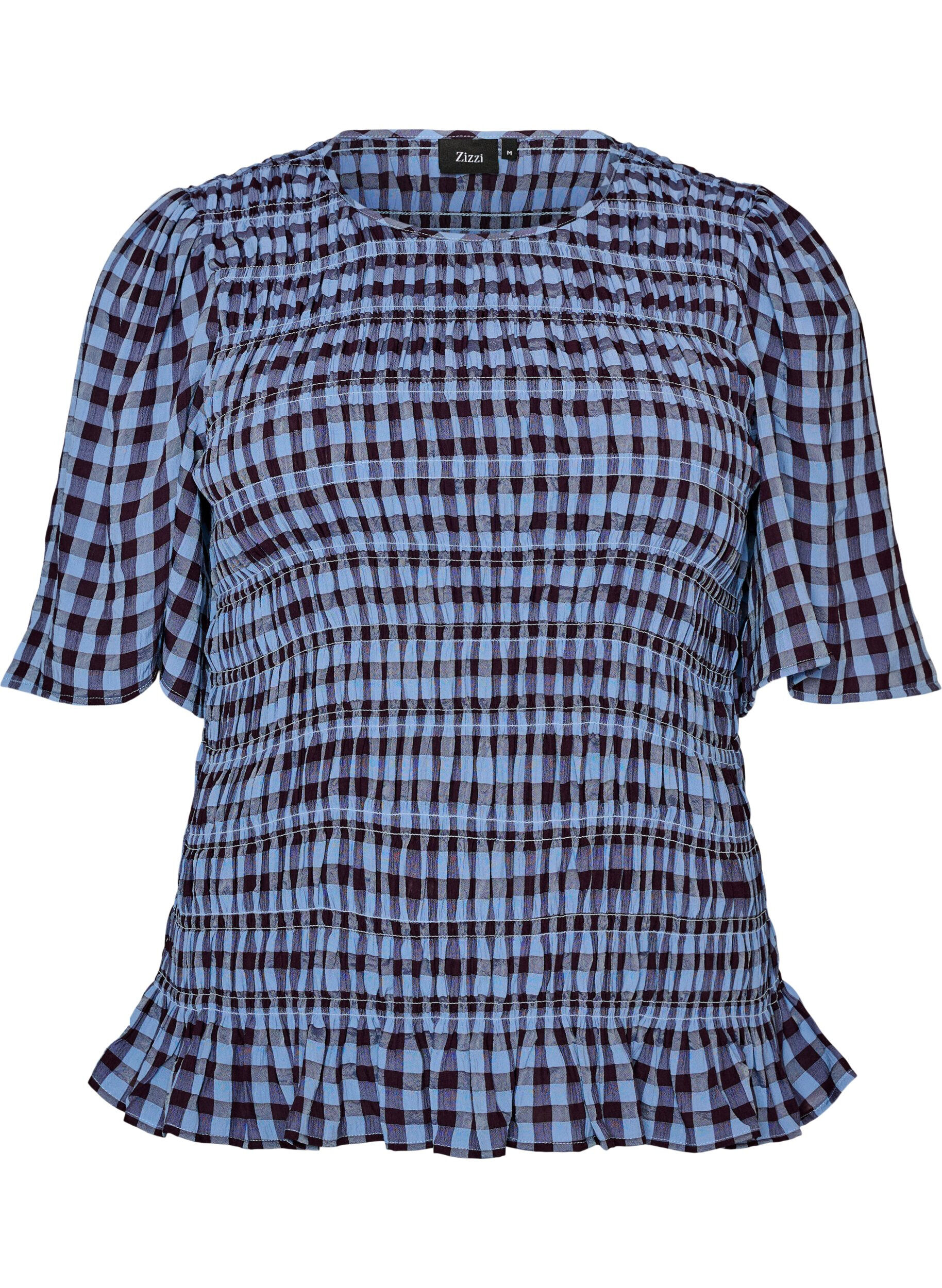 Smock blouse with gingham check and ruffle hem