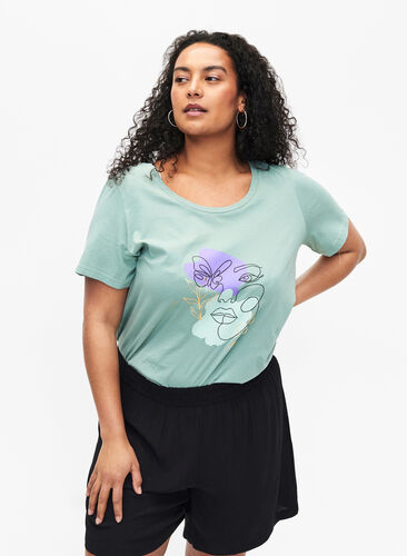 Cotton T-shirt with a motif, Ch. Green w. Face, Model image number 0