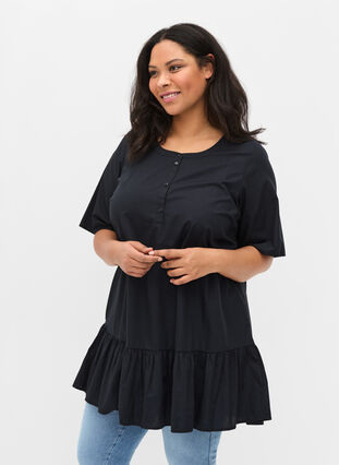 Short-sleeved A-line tunic in cotton, Black , Model image number 0