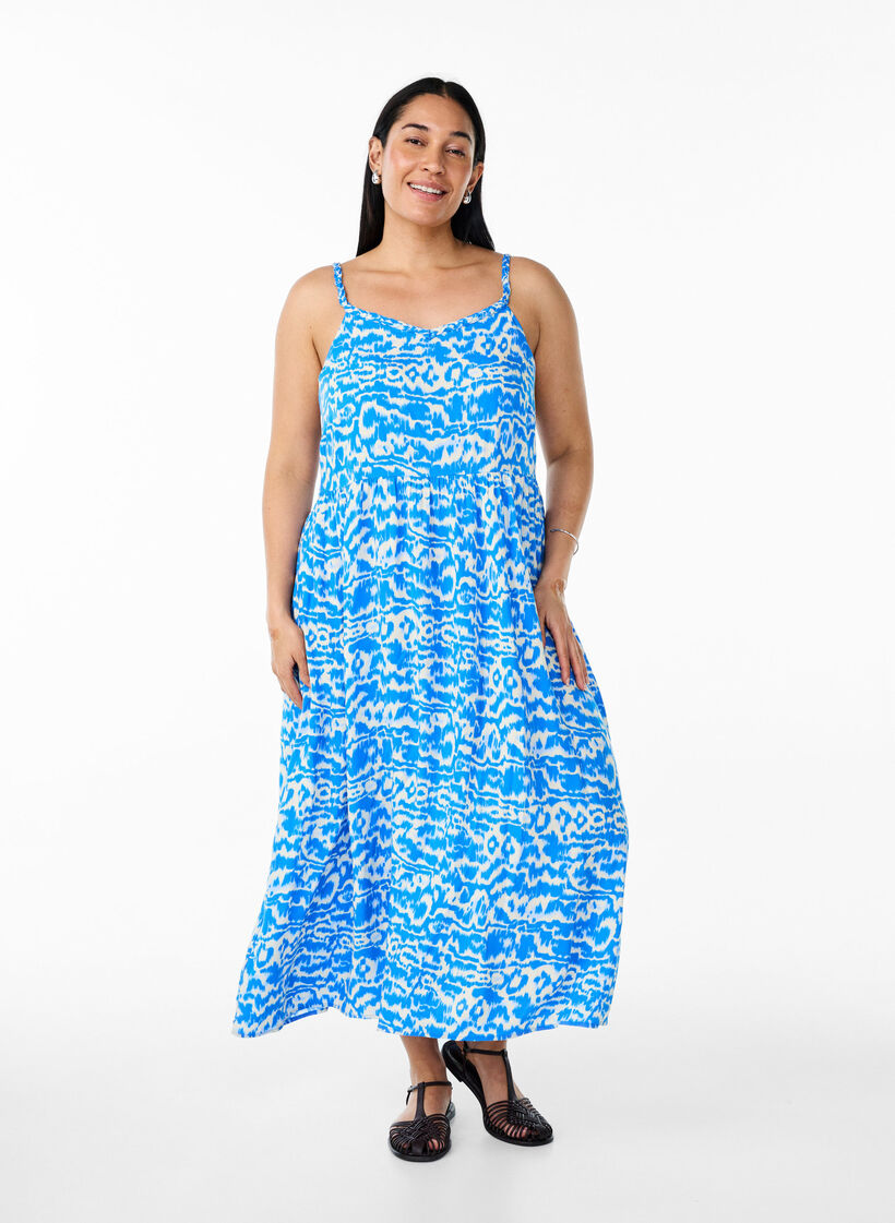 Midi strap dress with a smocked back, Blue, Model image number 0