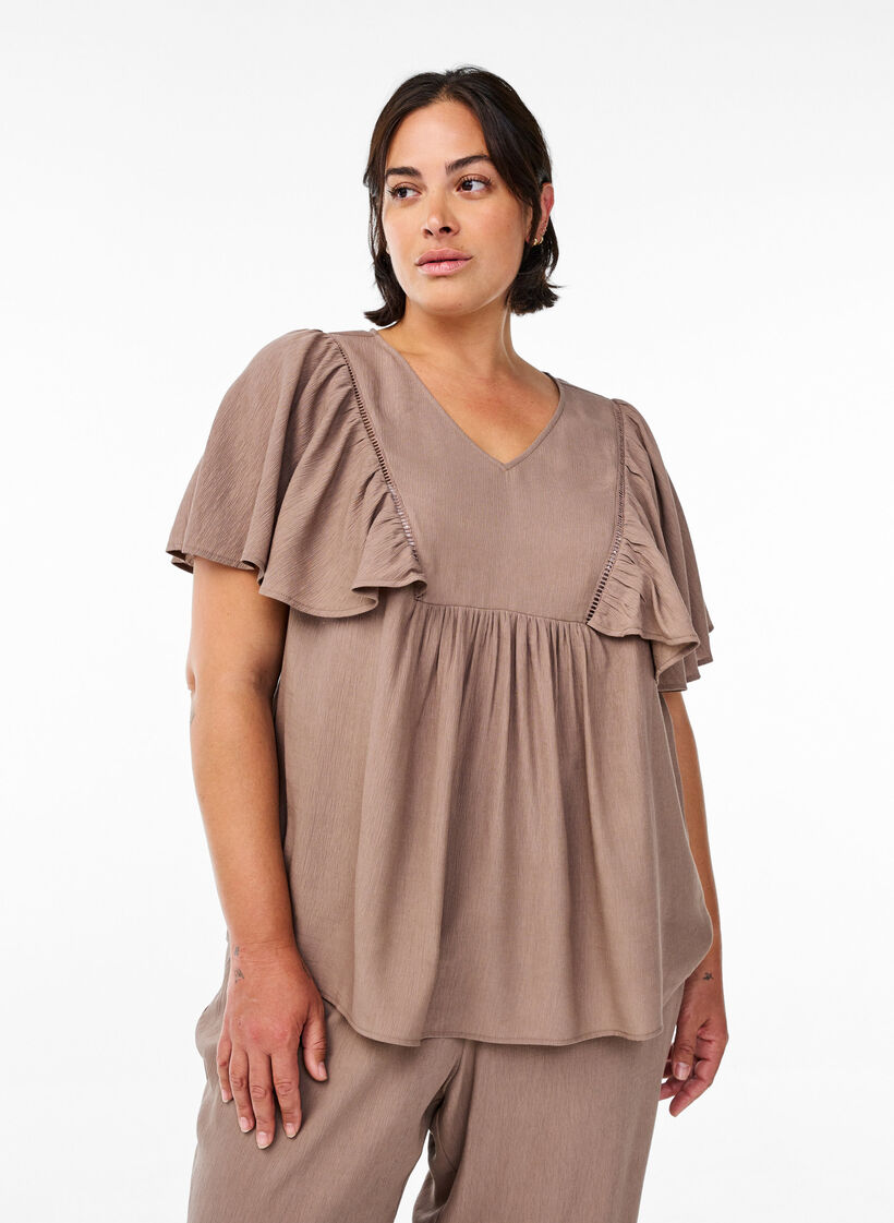 Blouse with short ruffle sleeves, Brown, Model image number 0