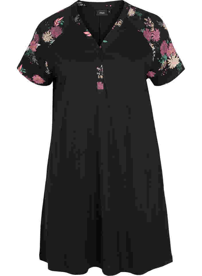 	 Short sleeve cotton nightdress with print details, Black AOP Flower, Packshot image number 0