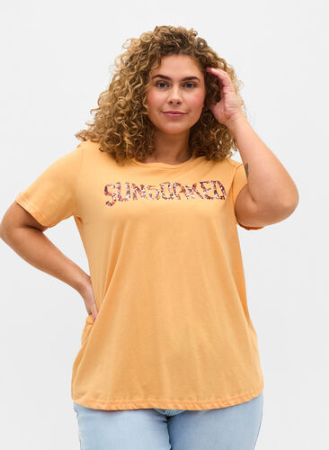 Short-sleeved cotton t-shirt with a print, Apricot Nectar SUN, Model image number 0