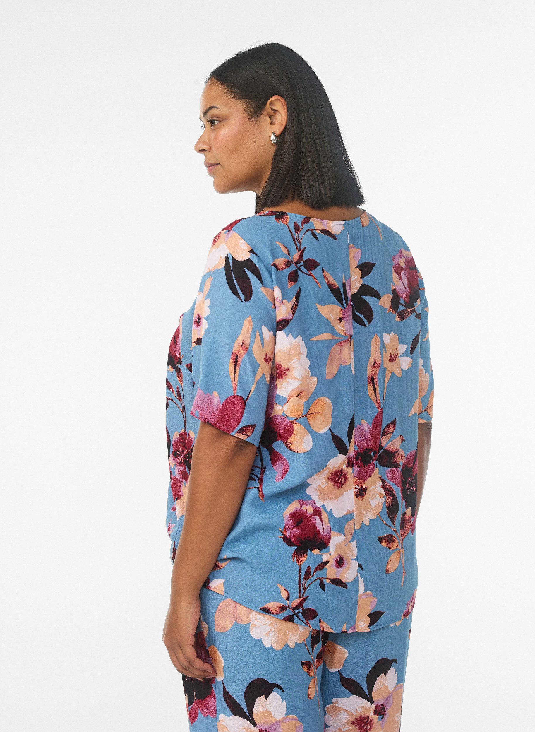 Zizzifashion Short sleeve viscose blouse with print, Blue, Model image number 2