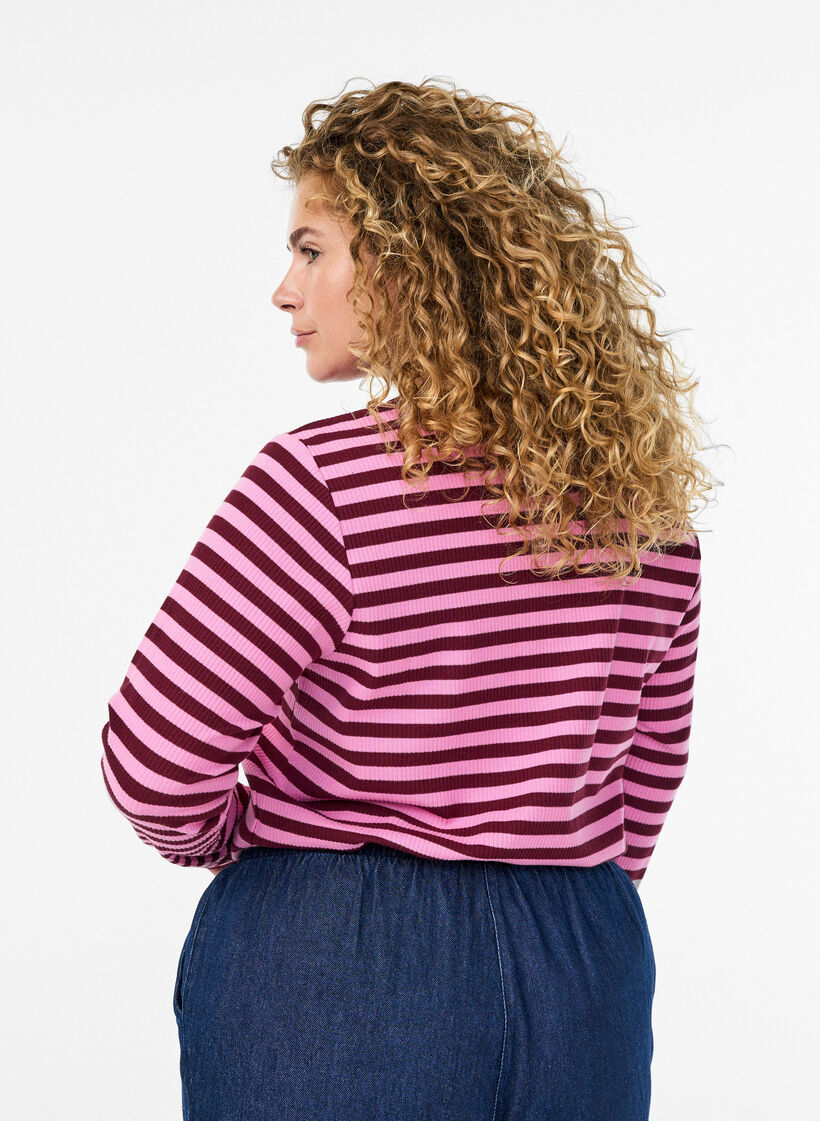 Striped jersey blouse with a ribbed texture, Pink, Model image number 2
