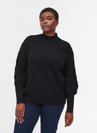 High neck, balloon-sleeved knitted blouse, Black, Model image number 0