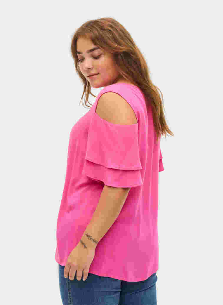 Short sleeved blouse in viscose, Fuchsia Purple, Model image number 1
