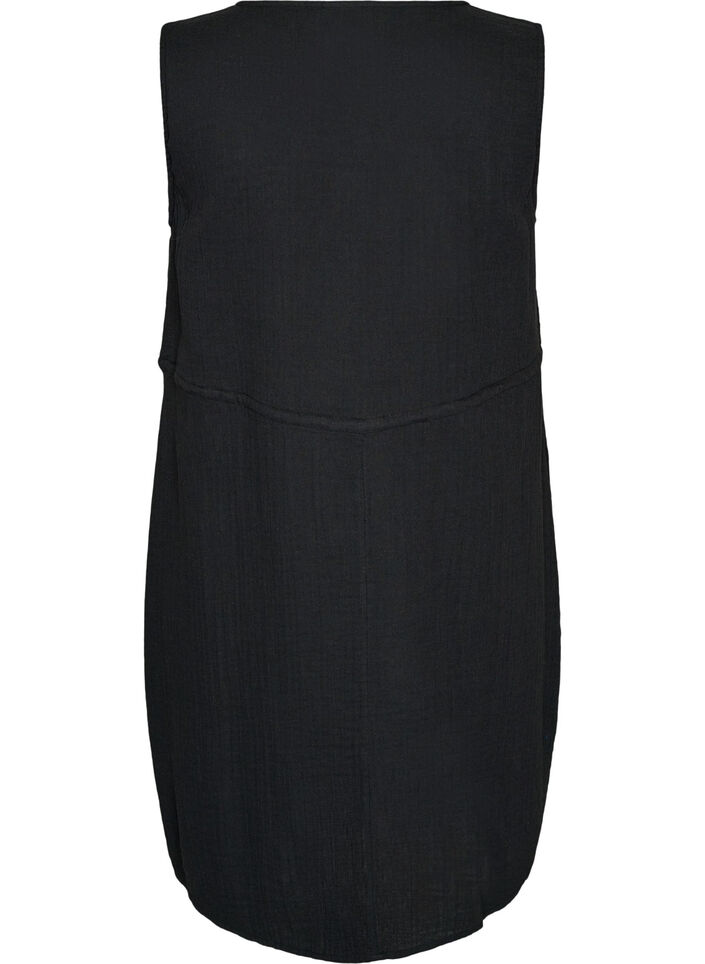 Sleeveless cotton muslin dress with tie string, Black, Packshot image number 3
