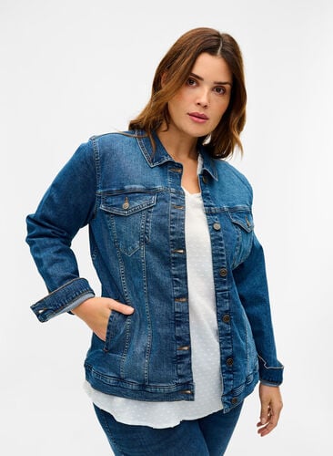Short cotton denim jacket, Blue denim, Model image number 0
