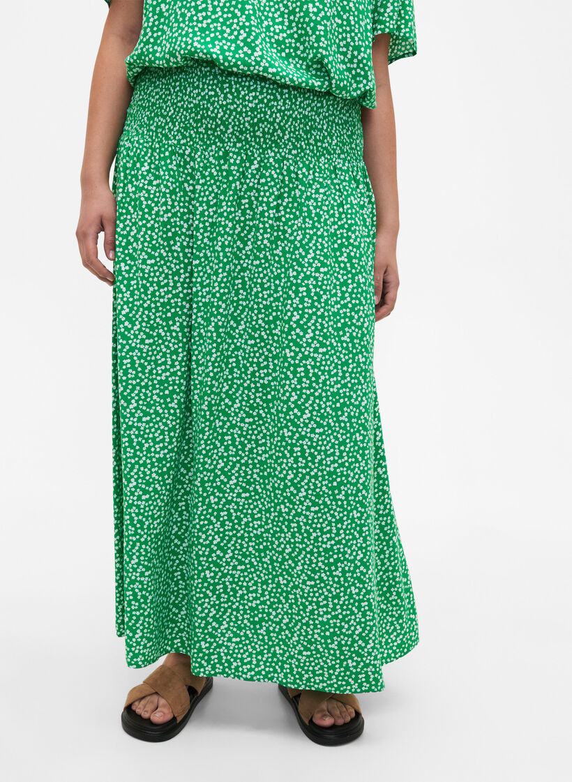 FLASH - Viscose maxi skirt with smocking, Green, Model image number 3