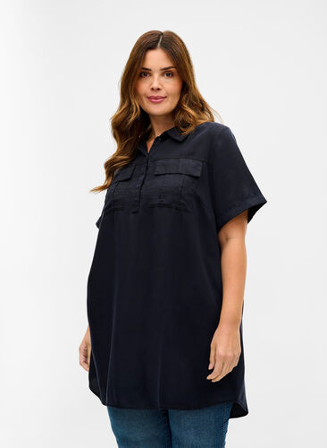 Short-sleeved tunic with collar, Black, Model image number 0