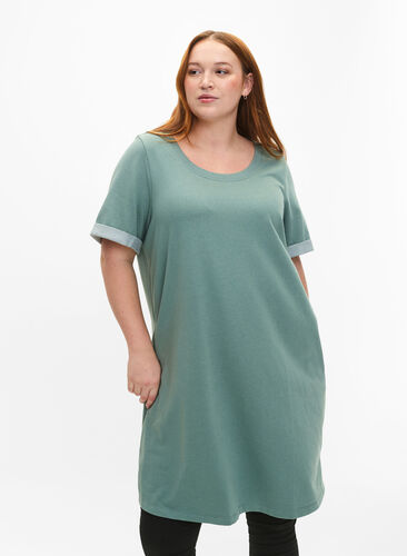 Short-sleeved sweat dress with pockets, Chinois Green, Model image number 0