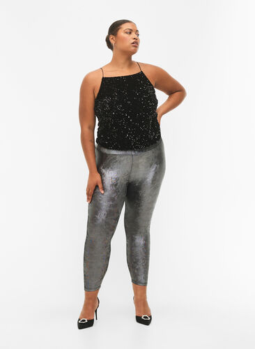 Silver leggings with high waist, Dark Silver, Model image number 0
