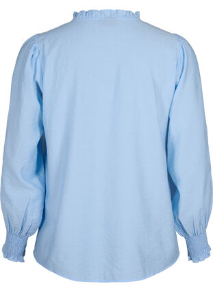 Blouse with ruffles and broderie anglaise, Chambray Blue, Packshot image number 1