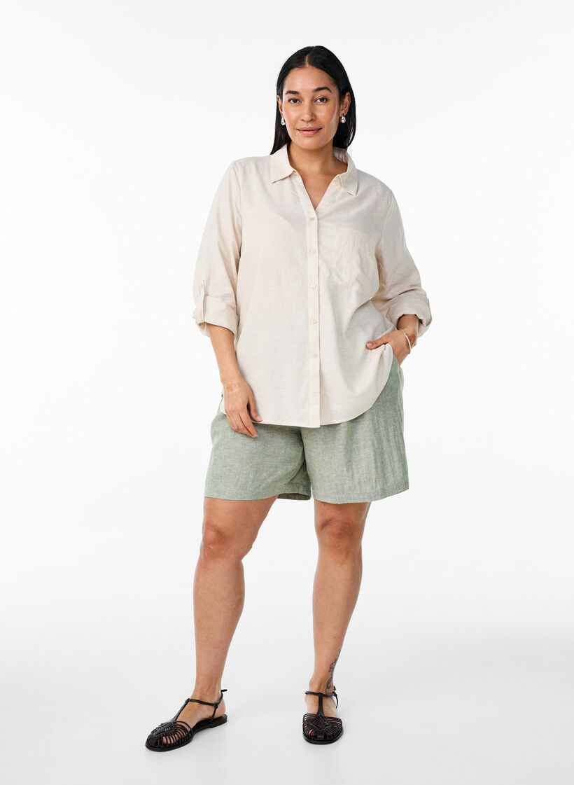 Shirt in linen and viscose with 3/4 sleeves, Beige, Model image number 1
