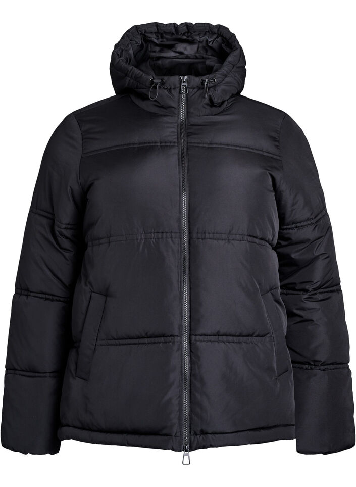 Short puffer jacket with a hood and two-way zipper, Black, Packshot image number 0