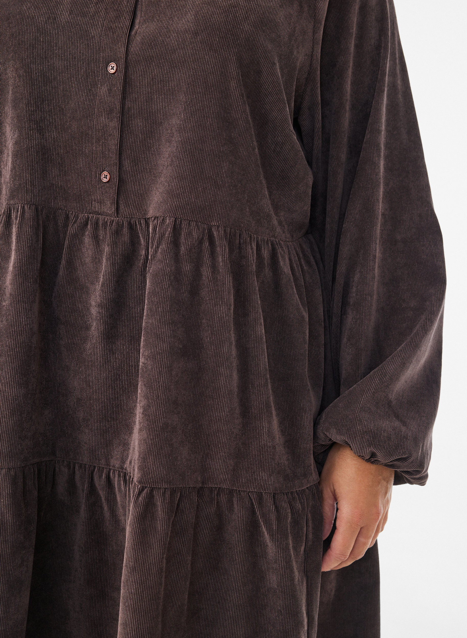 ZizzifashionCorduroy dress with A-line shape and stand collar, Brown, Model image number 3
