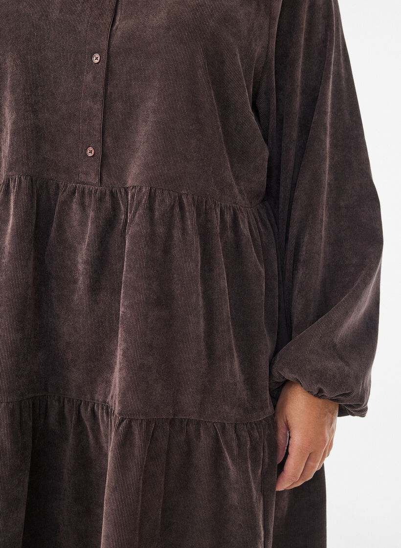 Corduroy dress with A-line shape and stand collar, Brown, Model image number 3