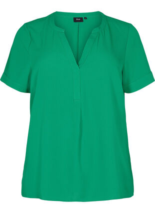 Short-sleeved blouse with v-neckline, Jolly Green, Packshot image number 0