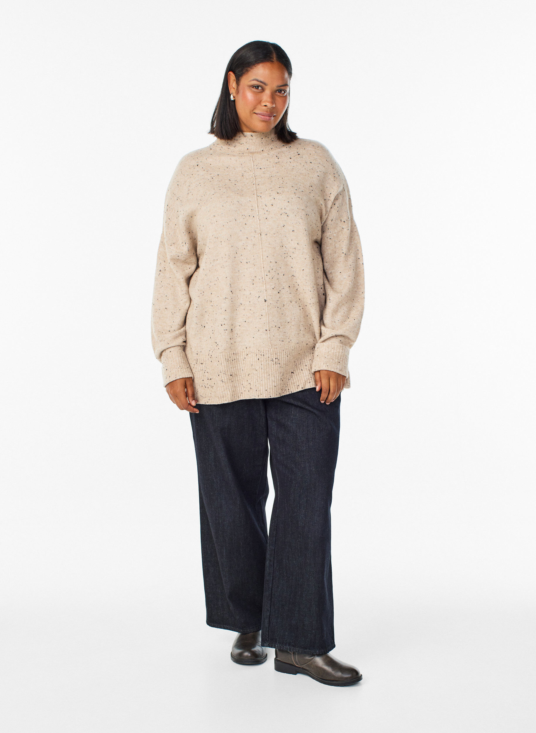 Zizzifashion Knit sweater with high neck and dotted pattern, Beige, Model image number 1