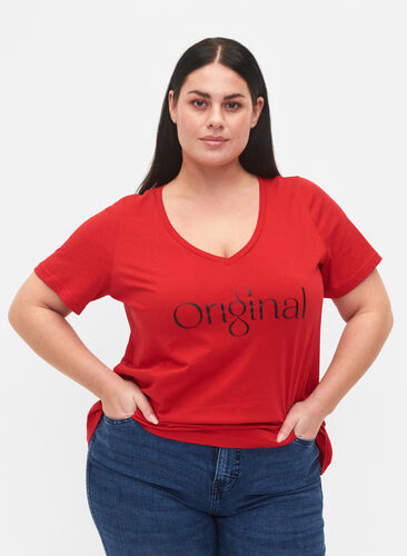 Cotton t-shirt with text print and v-neck, Tango Red ORI, Model image number 0