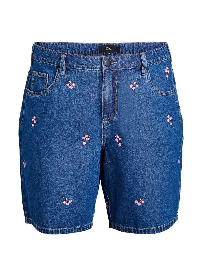 Denim shorts with embroidered flowers, Blue, Packshot image number 0