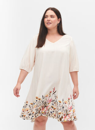 Short-sleeved floral print viscose dress, Off White Flower, Model image number 0