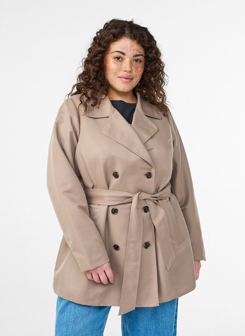 Short trench coat with belt, Grey, Model image number 0