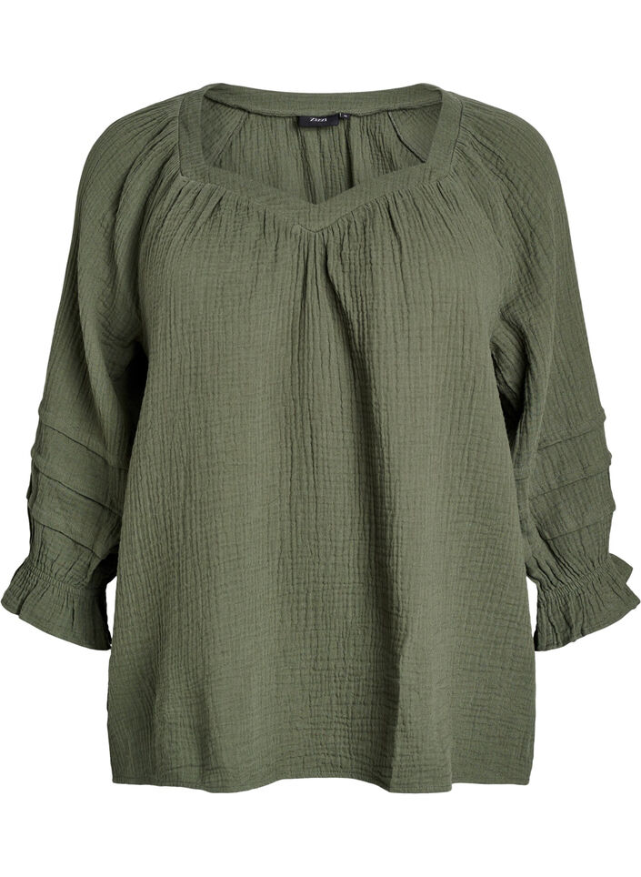 Cotton muslin blouse with 3/4 sleeves, Thyme, Packshot image number 0
