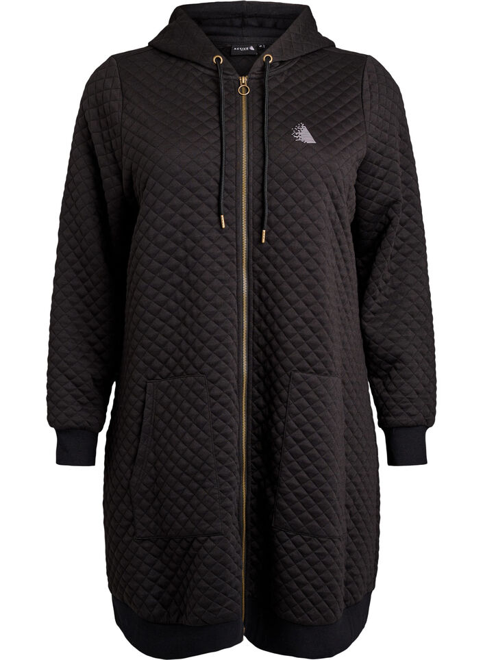 Long quilted zip-up hoodie with pockets, Black, Packshot image number 0