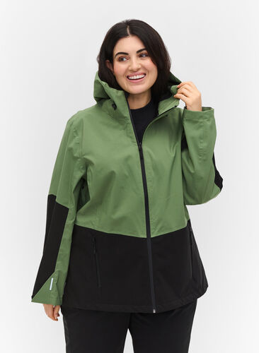 Waterproof hooded hiking jacket, Hedge Green Comb, Model image number 0