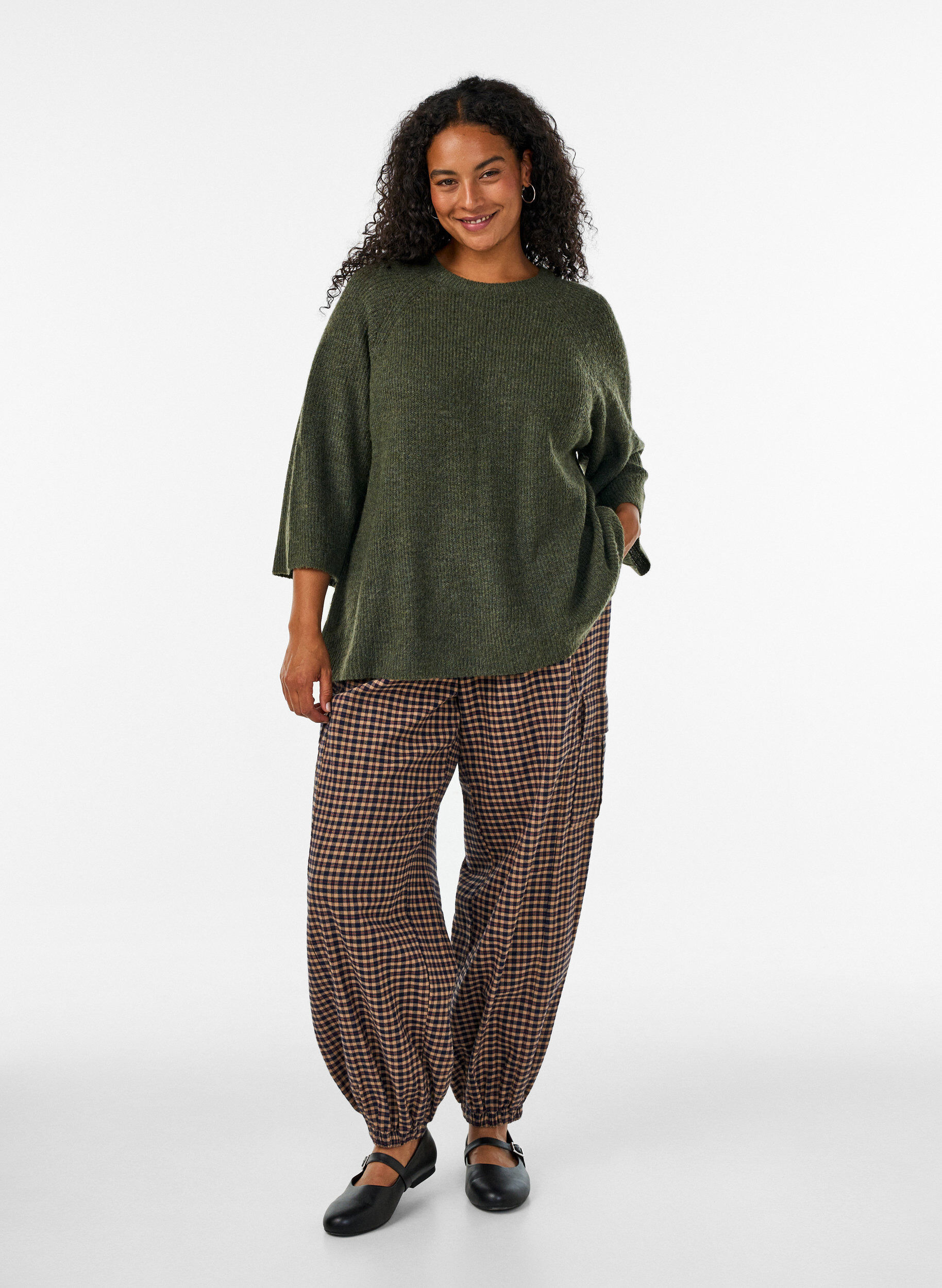 ZizzifashionRibbed jumper with 3/4 sleeves, Green, Model image number 1