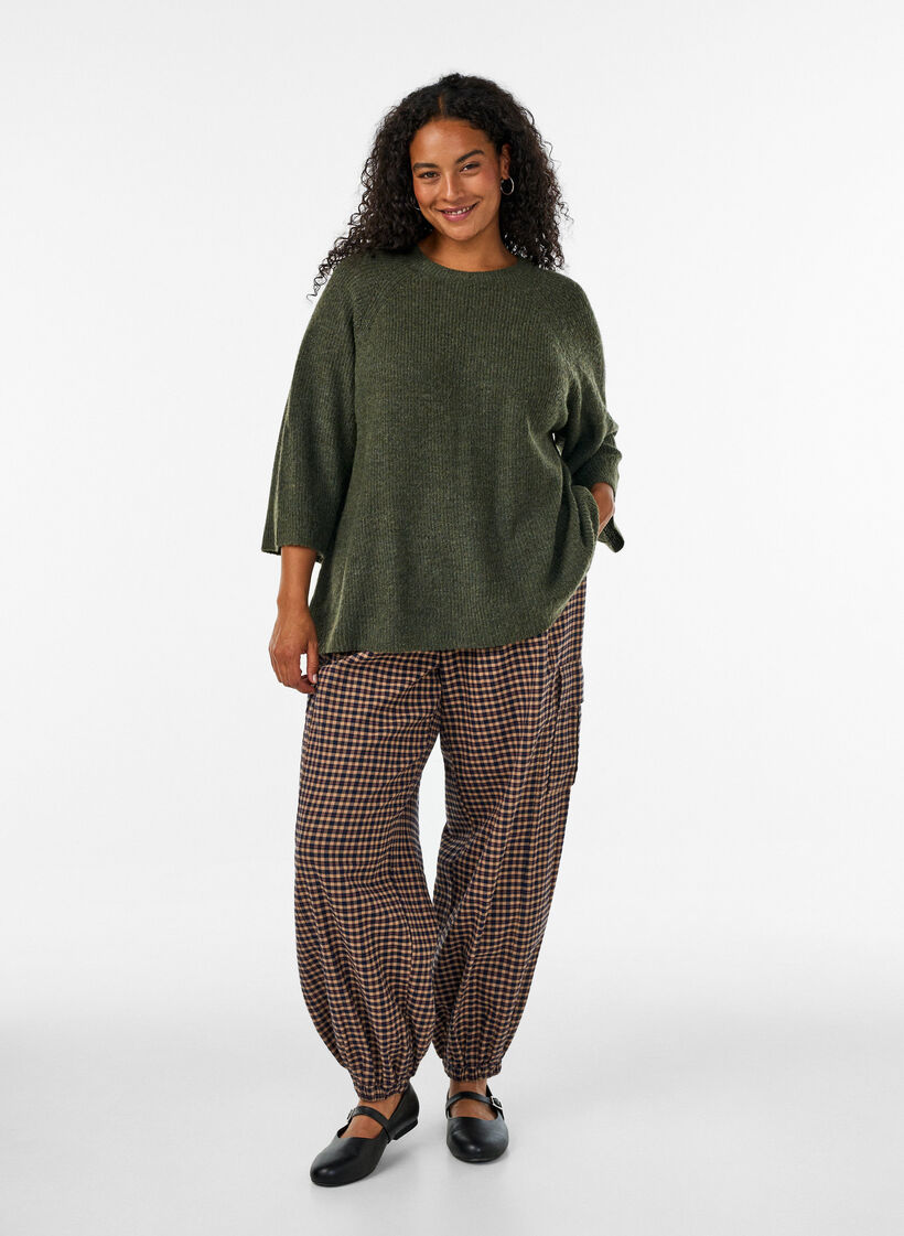 Ribbed jumper with 3/4 sleeves, Green, Model image number 1