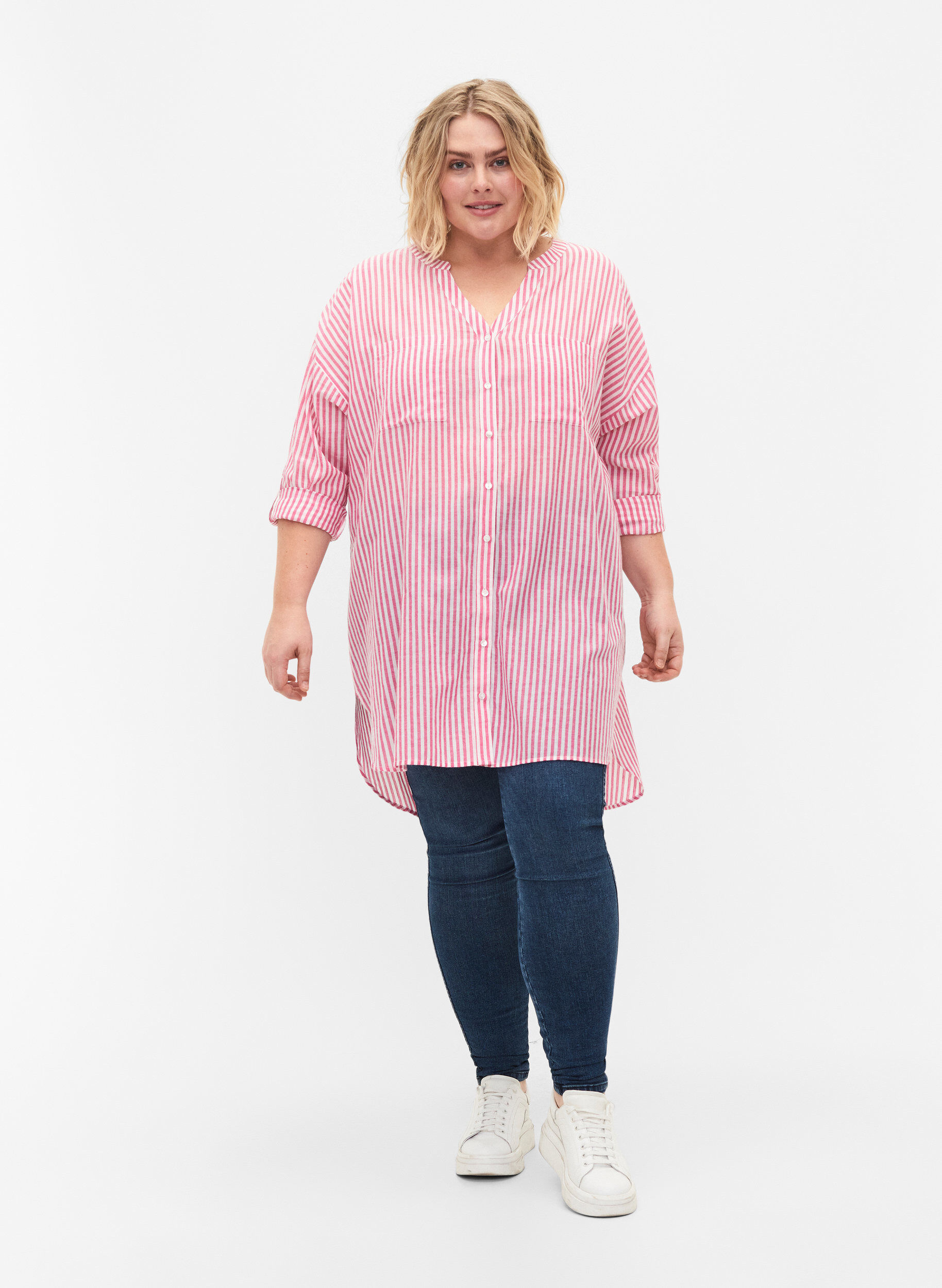 Zizzifashion Striped tunic with v neck and buttons, Beetroot Stripe, Model image number 3