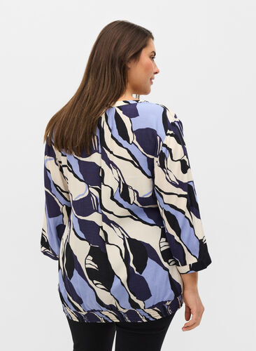 Printed viscose blouse with 3/4-length sleeves, Blue Abstract AOP, Model image number 1