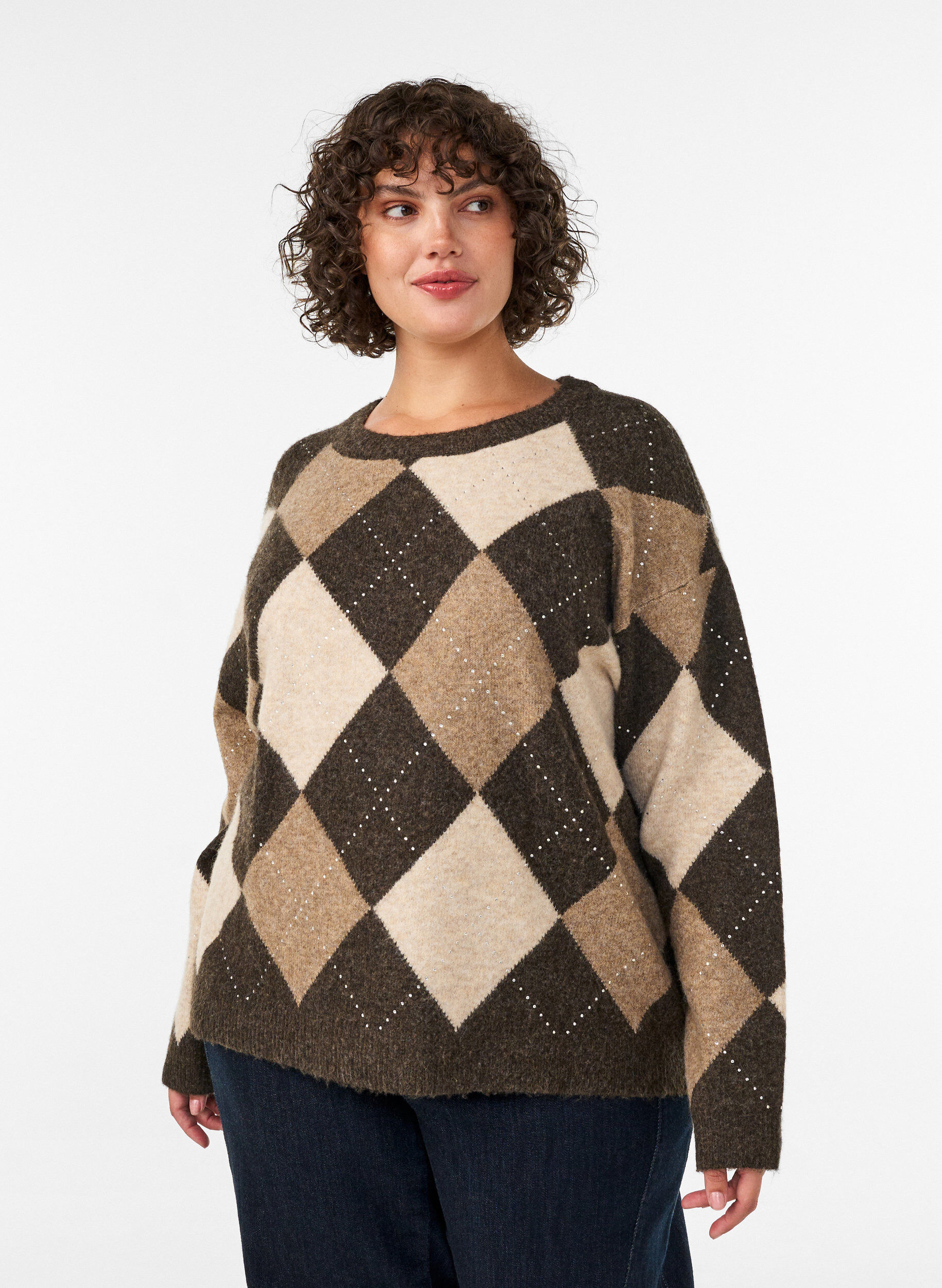 Knitted top with argyle pattern and rhinestones, Brown, Model
