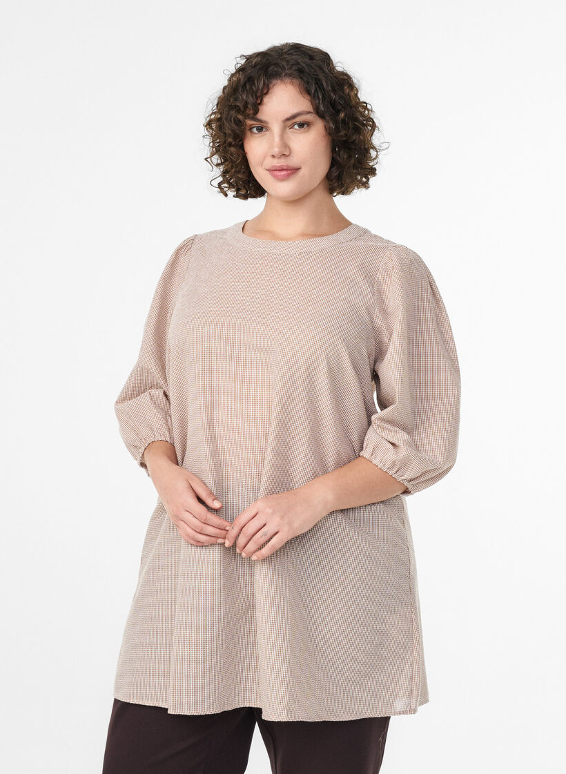 Tunic with A-line shape and short balloon sleeves, Beige, Model image number 0