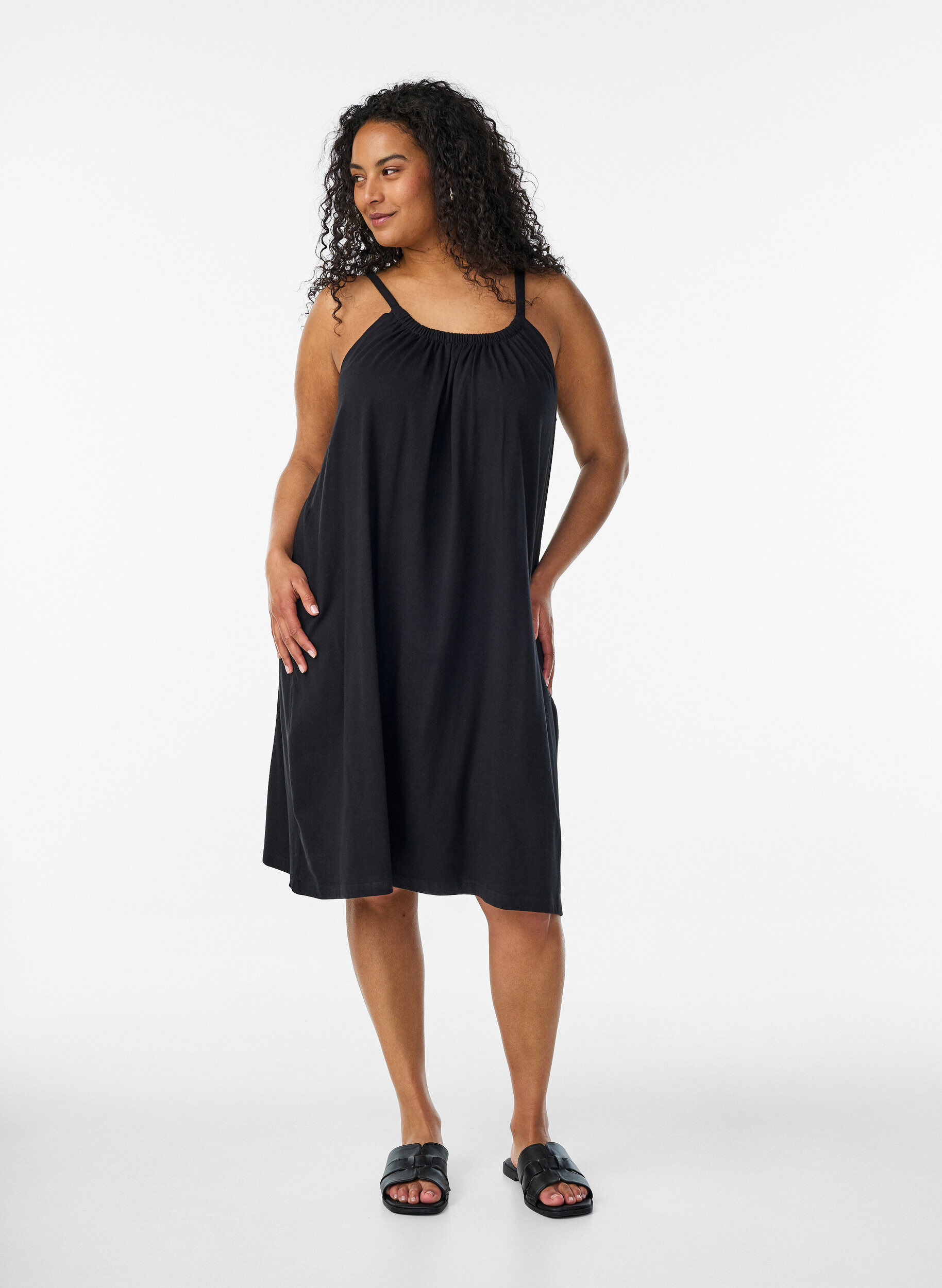 ZizzifashionKnee-length strap dress in organic cotton, Black, Model image number 1