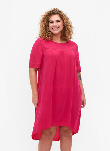 Viscose dress with lace band, Bright Rose, Model image number 0