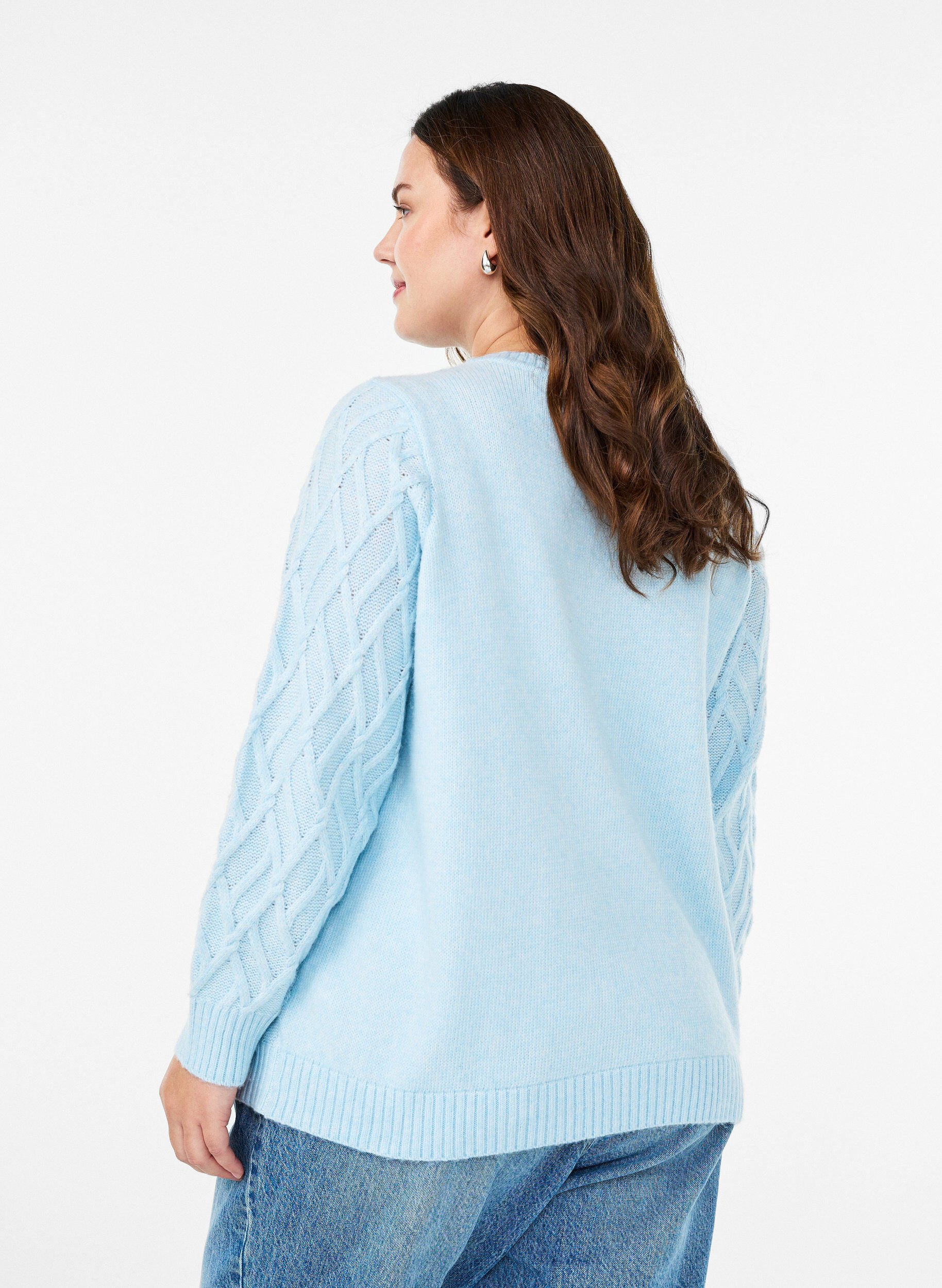 Zizzifashion Knit blouse with cable pattern and round neck, Light Blue, Model image number 2