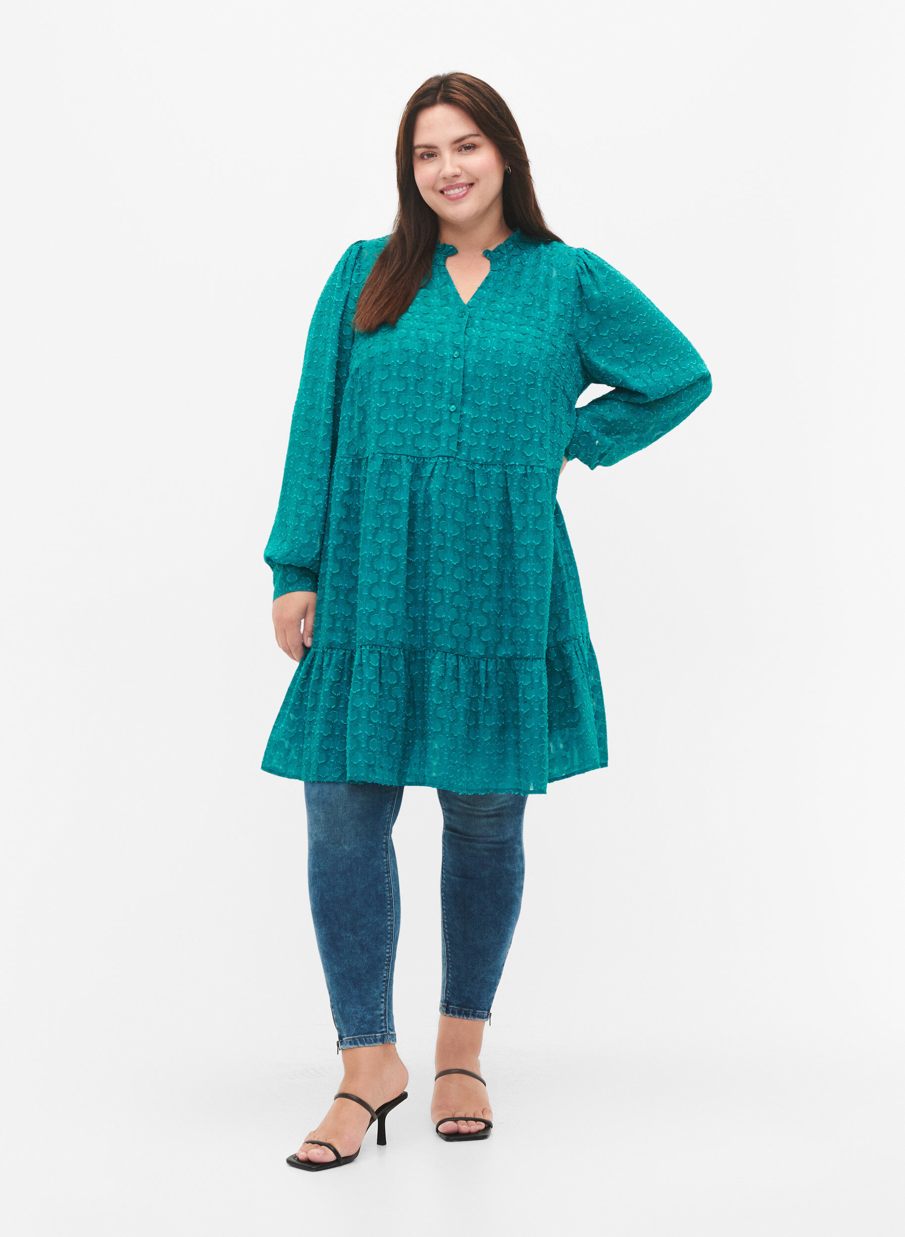 Zizzifashion Jacquard dress with ruffle collar, Deep Lake, Model image number 2