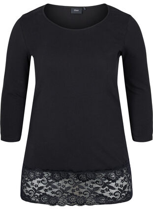 3/4-sleeved cotton blouse with lace, Black, Packshot image number 0
