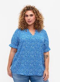 Short-sleeved blouse with print, Blue Ditsy, Model