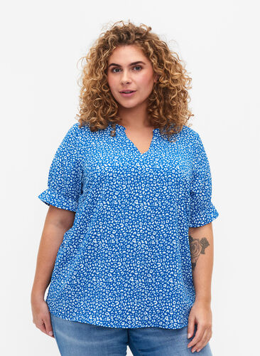 Short-sleeved blouse with print (GRS), Blue Ditsy, Model image number 0