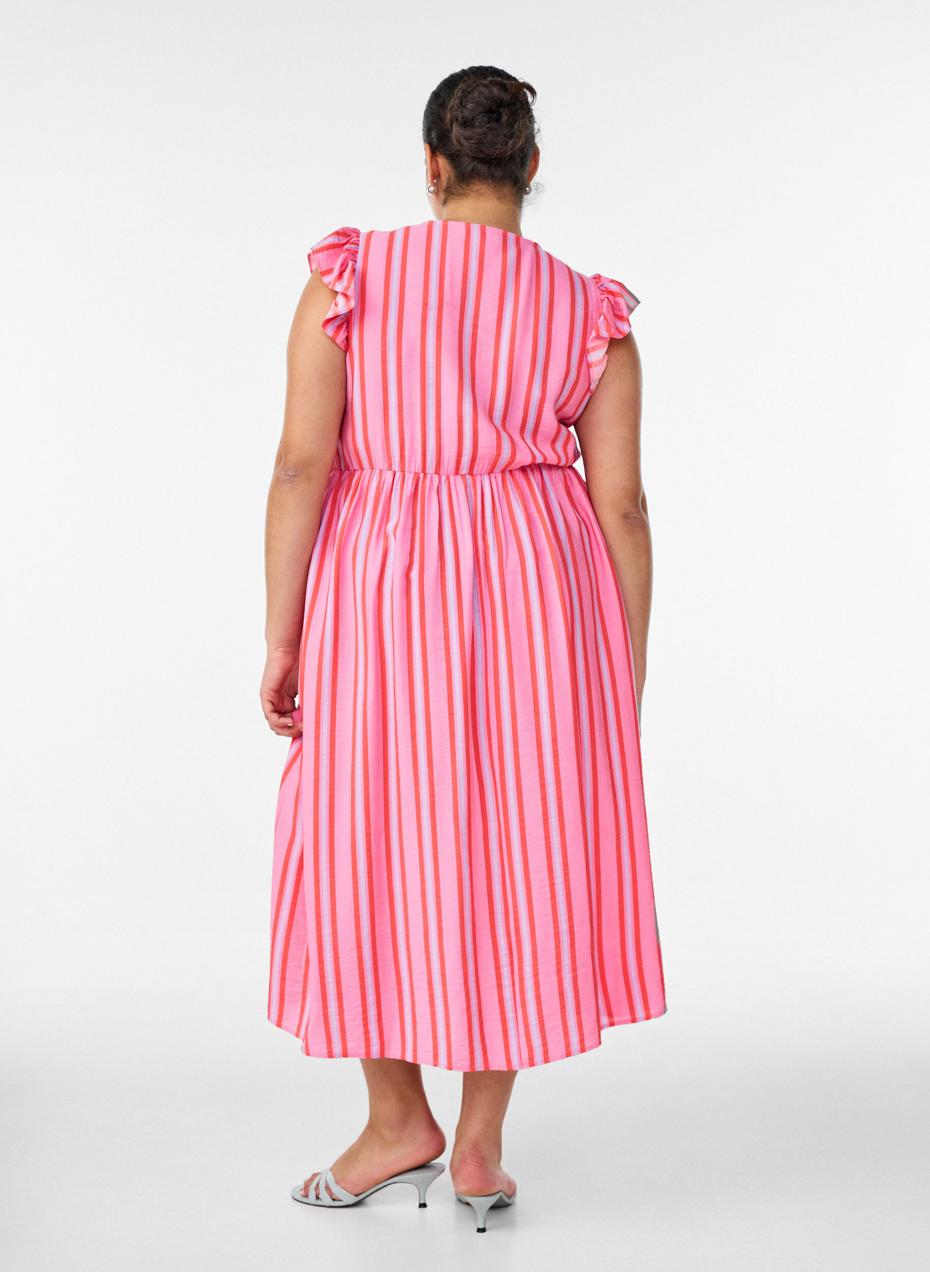 ZizzifashionStriped midi dress with an empire cut and ruffles, Pink, Model image number 0