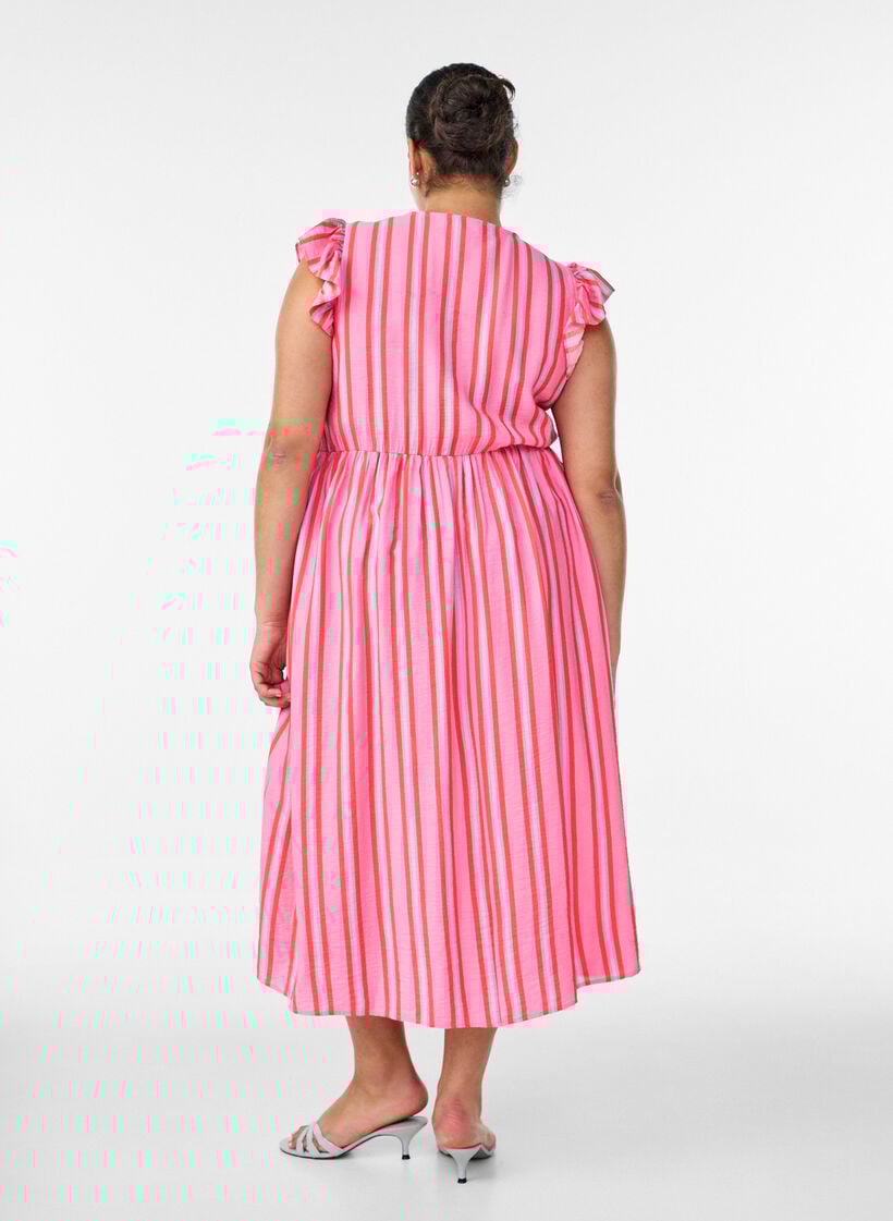 Striped midi dress with an empire cut and ruffles, Pink, Model image number 0