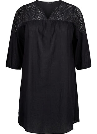 Dress in a cotton blend with linen and crochet detail, Black, Packshot image number 0