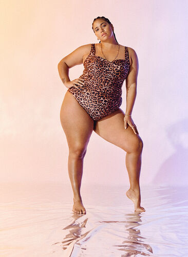 Swimsuit with draping and padded cups, Leopard, Image image number 0
